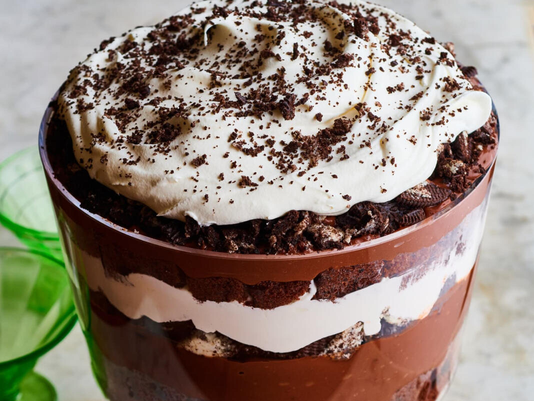 Kahlua Mocha Parfait - Chocolate mousse infused with coffee liqueur and layered with moist chocolate cake. Topped with whipped cream and chocolate cookie crumbles.